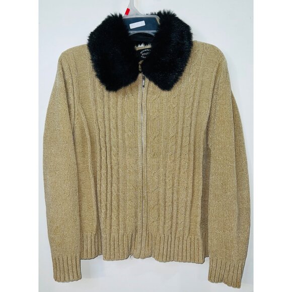 Vintage Beige Cable Knit Sweater Detachable Faux Fur Collar Full Zip Womens L - Picture 1 of 6